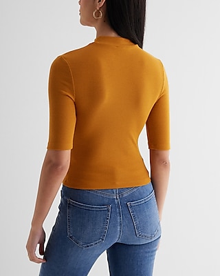 Ribbed Mock Neck Elbow Sleeve Tee