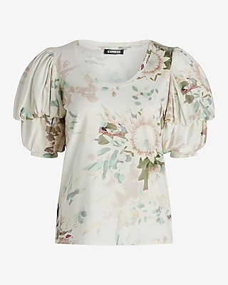 Floral Skimming Scoop Neck Puff Sleeve Tee