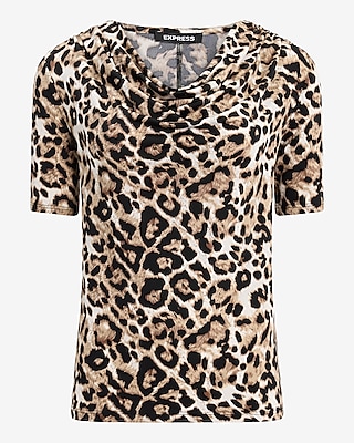 Leopard Cowl Neck Short Sleeve Tee