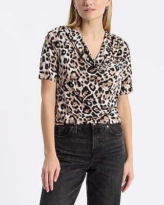 Leopard Cowl Neck Short Sleeve Tee