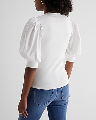 Ribbed V-Neck Poplin Puff Sleeve Henley Tee