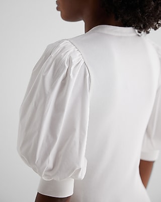 Ribbed V-Neck Poplin Puff Sleeve Henley Tee