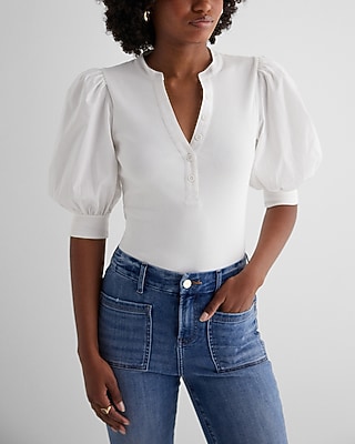 Ribbed V-Neck Poplin Puff Sleeve Henley Tee