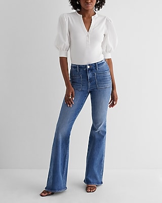 Ribbed V-Neck Poplin Puff Sleeve Henley Tee