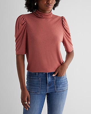 Skimming Linen-Blend Mock Neck Puff Sleeve Tee