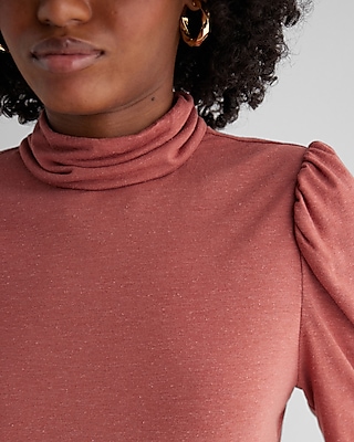 Skimming Linen-Blend Mock Neck Puff Sleeve Tee