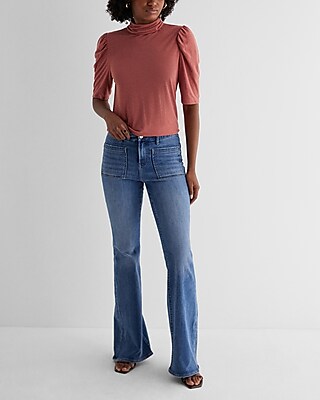 Skimming Linen-Blend Mock Neck Puff Sleeve Tee