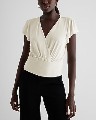 トップス CULLNL DoubleSatinBowTieShortSleeveshirt V-neck Flutter Sleeve Wrap Banded Bottom Top | Express