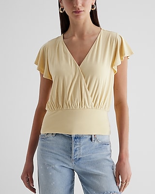 V-Neck Flutter Sleeve Wrap Banded Bottom Top