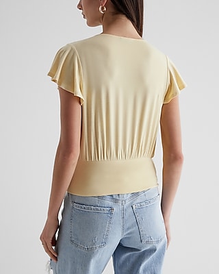 V-Neck Flutter Sleeve Wrap Banded Bottom Top