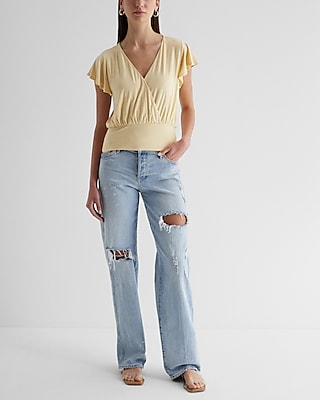 V-Neck Flutter Sleeve Wrap Banded Bottom Top