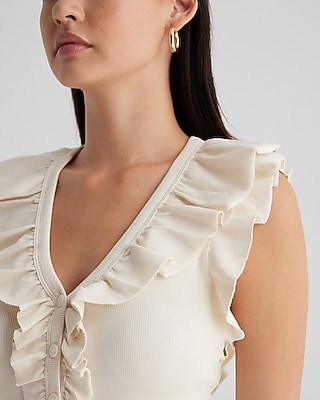 Fitted V-Neck Ruffle Henley Tank - image 2