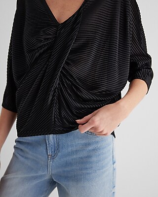 Skimming V-Neck Pleated Twist Front Draped Tee - image 2