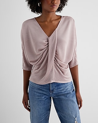 Skimming V-Neck Pleated Twist Front Draped Tee