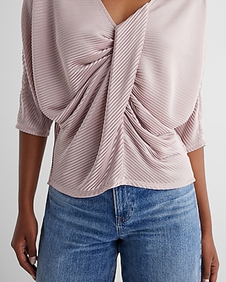 Skimming V-Neck Pleated Twist Front Draped Tee