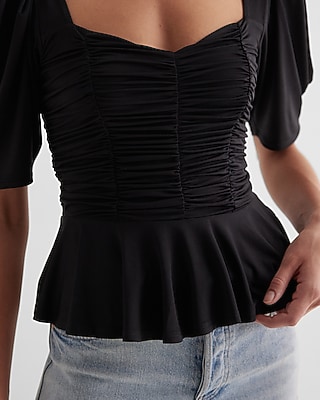 Puff Sleeve Ruched Peplum Top | Express