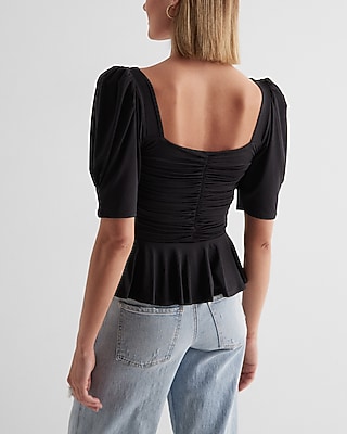 Puff Sleeve Ruched Peplum Top | Express