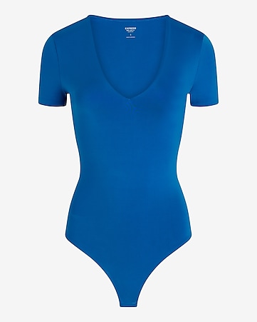 Womens Notch V Neck Long Sleeve Thong Bodysuit Tops Square Neck Fall Body  Suits Royalblue X-Large