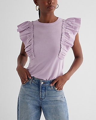 Skimming Linen-Blend Crew Neck Flutter Sleeve Tee