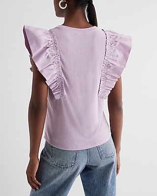 Skimming Linen-Blend Crew Neck Flutter Sleeve Tee