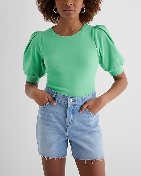 Fitted Ribbed Crew Neck Puff Sleeve Tee