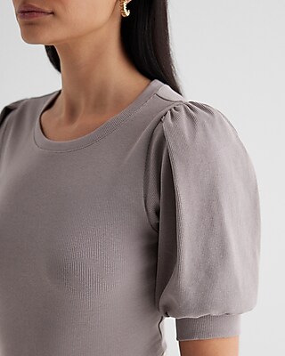 Fitted Ribbed Crew Neck Puff Sleeve Tee | Express