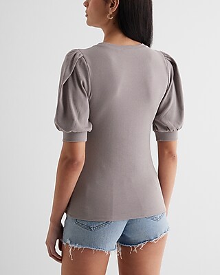 Fitted Ribbed Crew Neck Puff Sleeve Tee | Express
