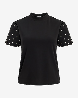 Crew Neck Pearl Puff Sleeve Tee