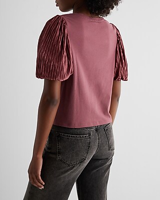 Skimming Crew Neck Pleated Puff Sleeve Tee - image 3