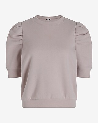 Crew Neck Short Puff Sleeve Fleece Sweatshirt