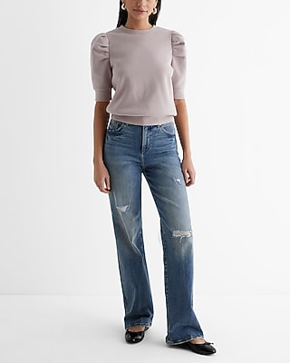 Crew Neck Short Puff Sleeve Fleece Sweatshirt