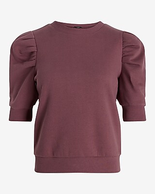 Crew Neck Short Puff Sleeve Fleece Sweatshirt