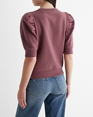 Crew Neck Short Puff Sleeve Fleece Sweatshirt