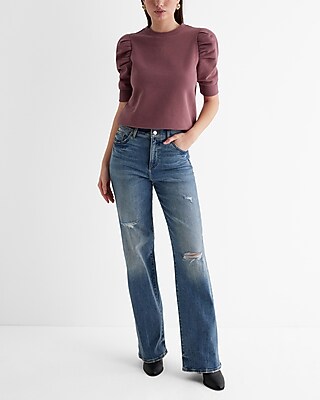 Crew Neck Short Puff Sleeve Fleece Sweatshirt