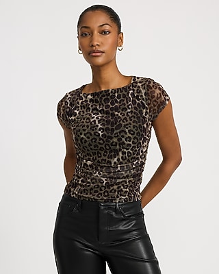 Leopard Mesh Square Neck Cap Sleeve Tee