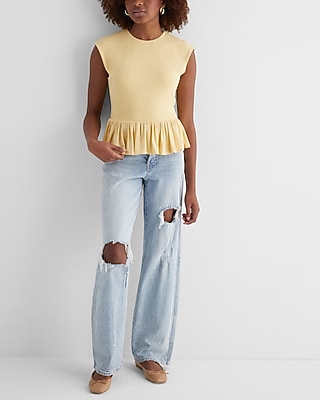 Skimming Linen-Blend Crew Neck Peplum Tee - image 5