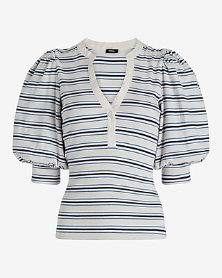 Striped Puff Sleeve Henley Tee