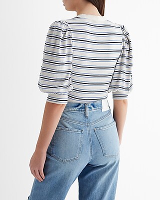 Striped Puff Sleeve Henley Tee