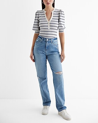 Striped Puff Sleeve Henley Tee