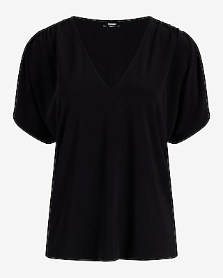 Skimming V-Neck Short Sleeve Pleated Shoulder Tee