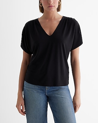 Skimming V-Neck Short Sleeve Pleated Shoulder Tee