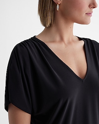 Skimming V-Neck Short Sleeve Pleated Shoulder Tee