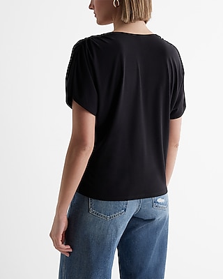 Skimming V-Neck Short Sleeve Pleated Shoulder Tee