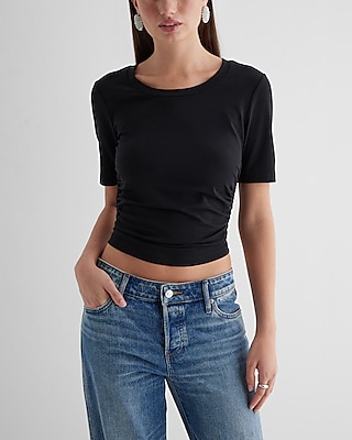 Crew Neck Short Sleeve Ruched Sides Tee