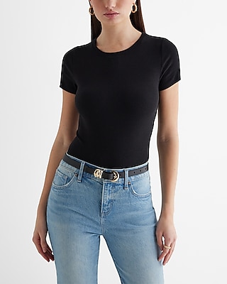Ribbed Crew Neck Short Sleeve Bodysuit | Express Ribbed Crew Neck Short Sleeve Bodysuit | Express