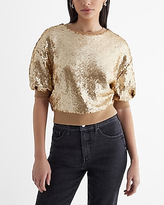 Sequin Crew Neck Puff Sleeve Sweatshirt