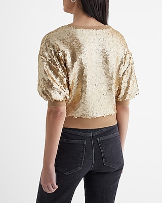 Sequin Crew Neck Puff Sleeve Sweatshirt