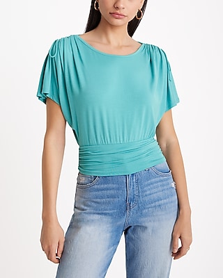 Crew Neck Tie Shoulder Ruched Banded Bottom Tee