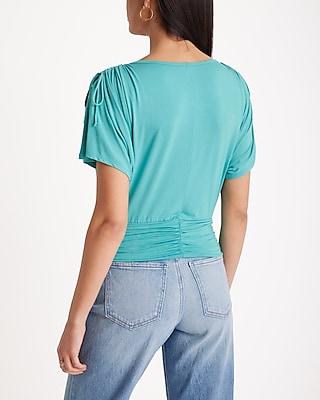 Crew Neck Tie Shoulder Ruched Banded Bottom Tee