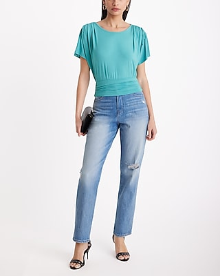 Crew Neck Tie Shoulder Ruched Banded Bottom Tee